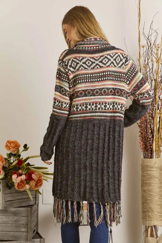 ADORA Full Size Fringe Hem Aztec Cardigan Plus Size - LoveNest Treasures