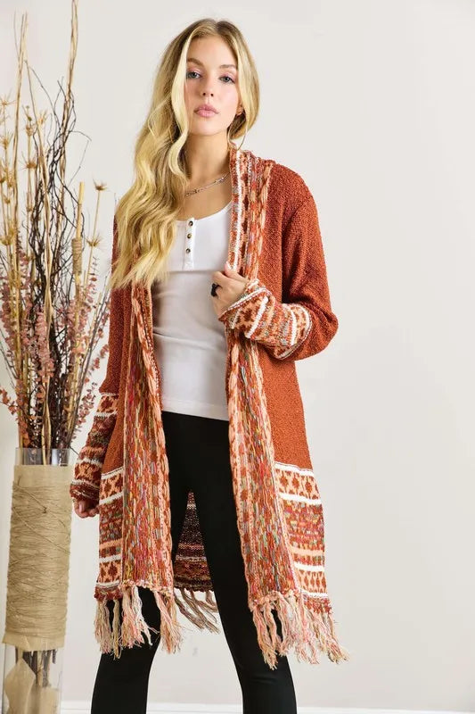 ADORA Full Size Fringe Hem Aztec Border Cardigan Plus Size - LoveNest Treasures