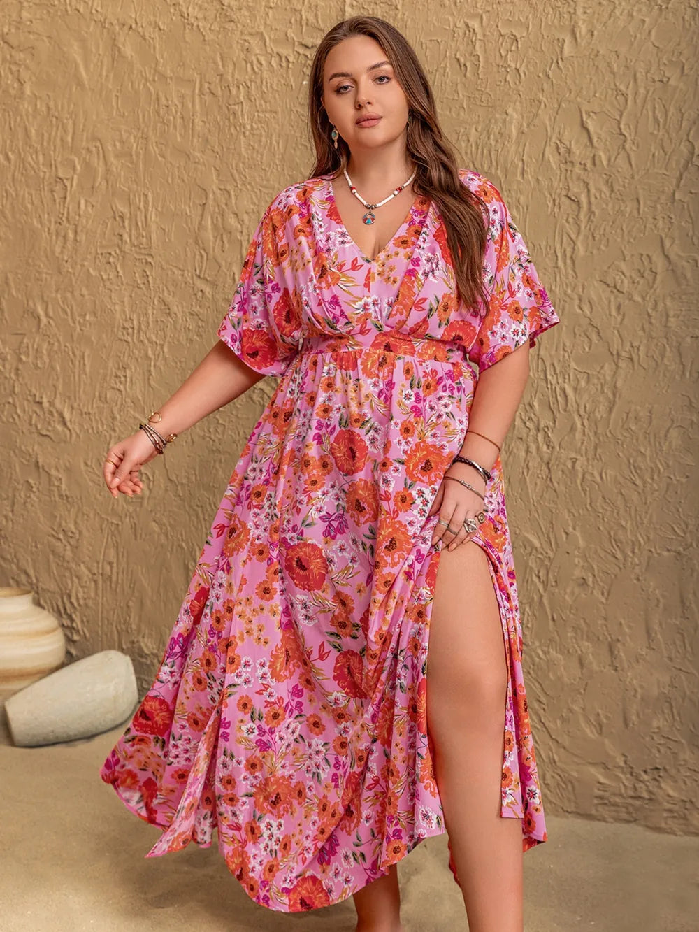 Plus Size Slit Floral V-Neck Half Sleeve Maxi Dress - LoveNest Treasures