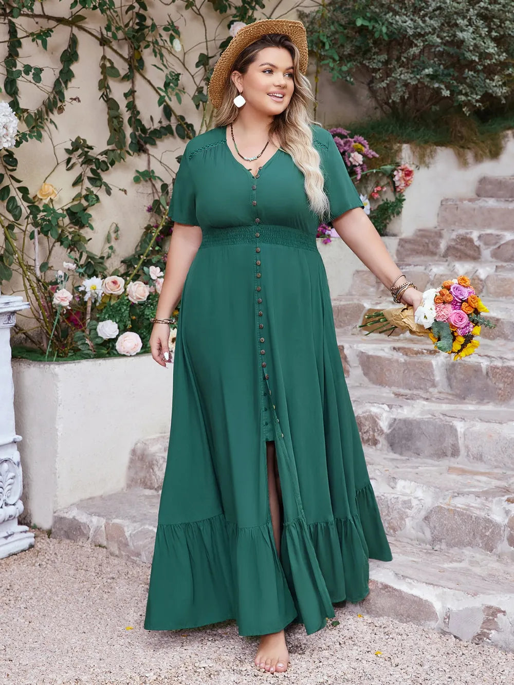 Plus Size Button Detail V-Neck Short Sleeve Maxi Dress - LoveNest Treasures