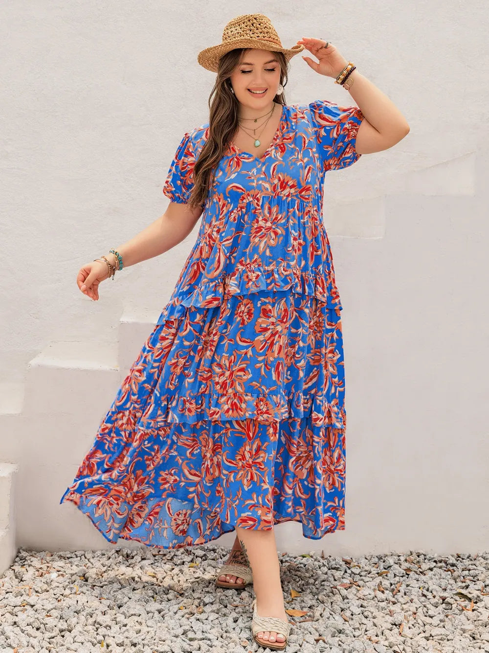 Plus Size Ruffled Printed V-Neck Short Sleeve Maxi Dress - LoveNest Treasures