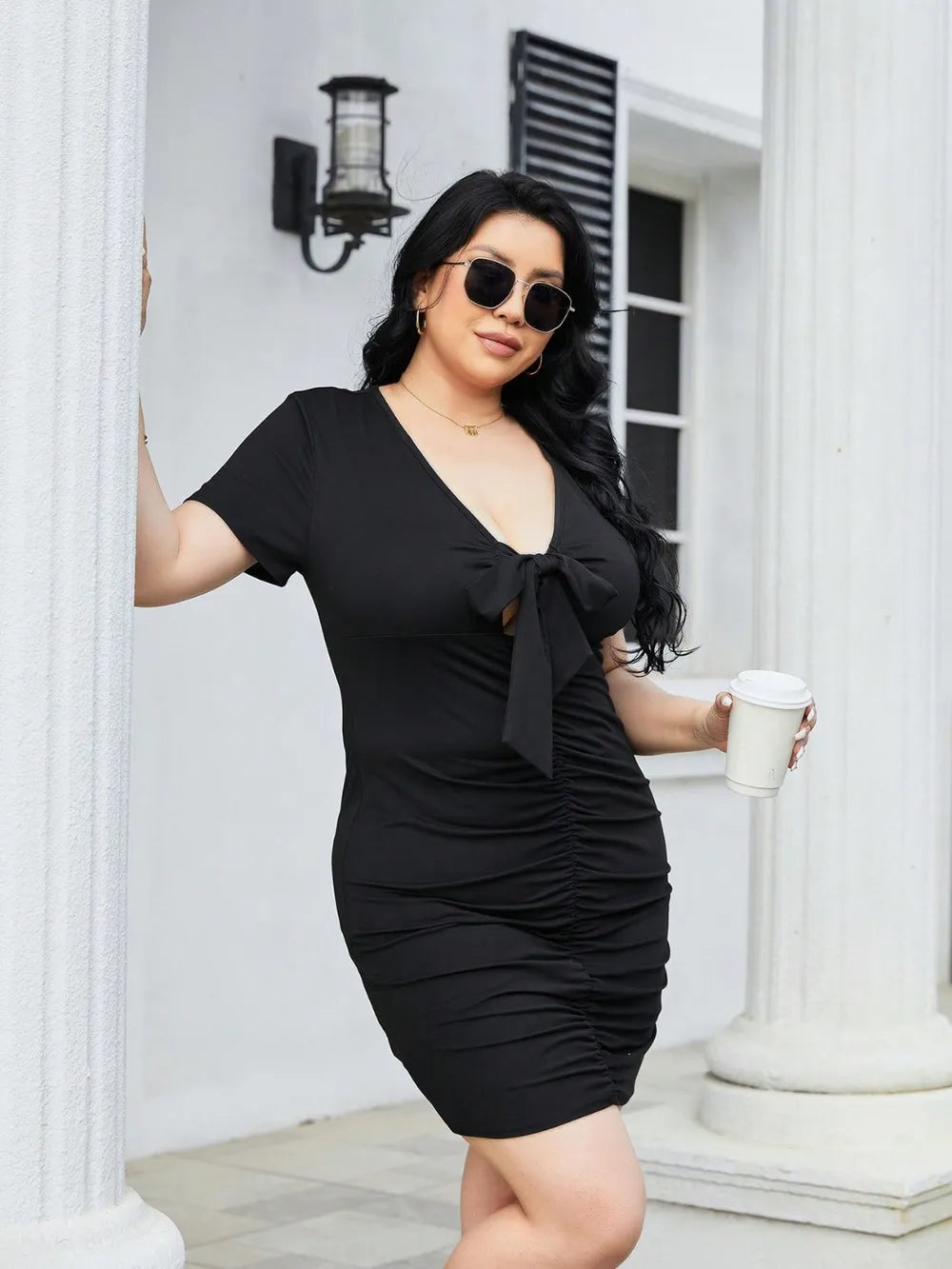 Plus Size Ruched Tied Short Sleeve Mini Dress - LoveNest Treasures