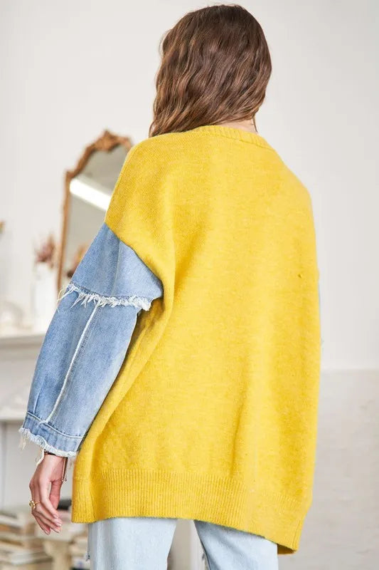 ADORA Full Size Frayed Denim Sleeve Sweater Cardigan Plus Size - LoveNest Treasures