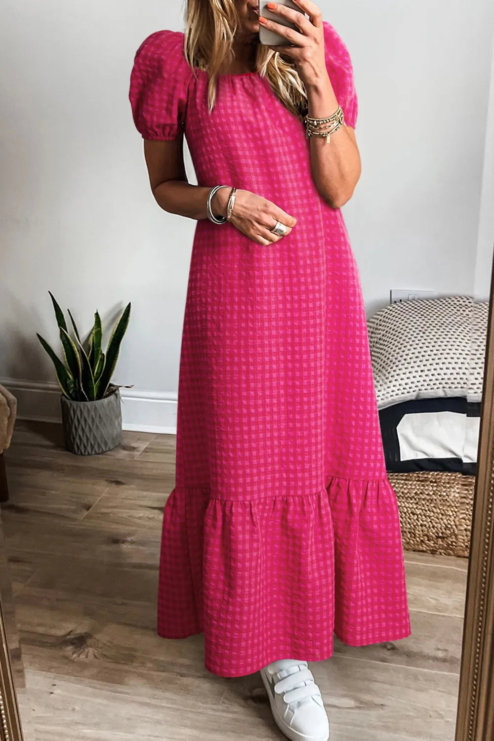 SYNZ Gingham Check Bubble Sleeve Ruffled Maxi Dress - LoveNest Treasures