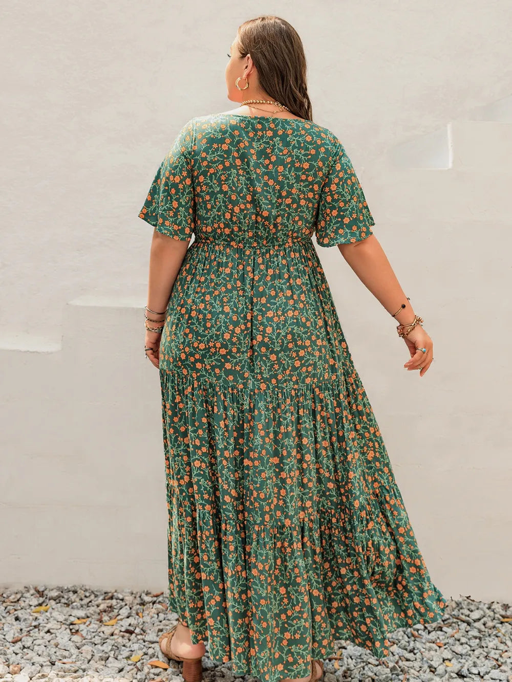 Plus Size Printed Short Sleeve Tiered Maxi Dress - LoveNest Treasures