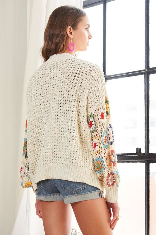 ADORA Full Size Contrast Crochet Open Front Long Sleeve Cardigan - LoveNest Treasures