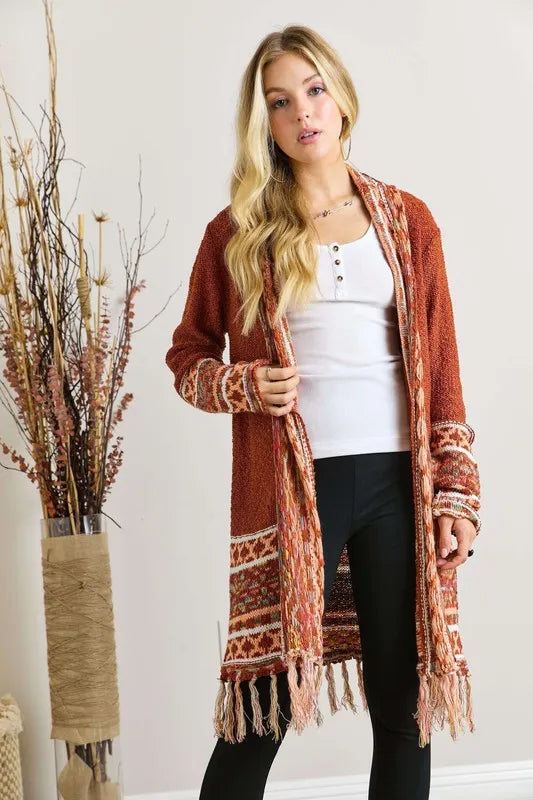 ADORA Full Size Fringe Hem Aztec Border Cardigan Plus Size - LoveNest Treasures