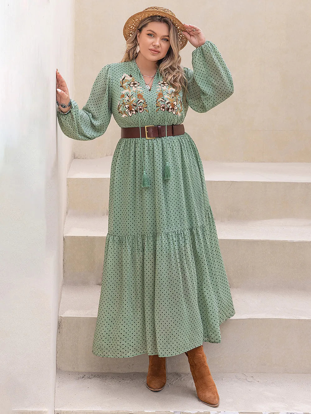 Plus Size Tassel Printed Tie Neck Long Sleeve Midi Dress - LoveNest Treasures