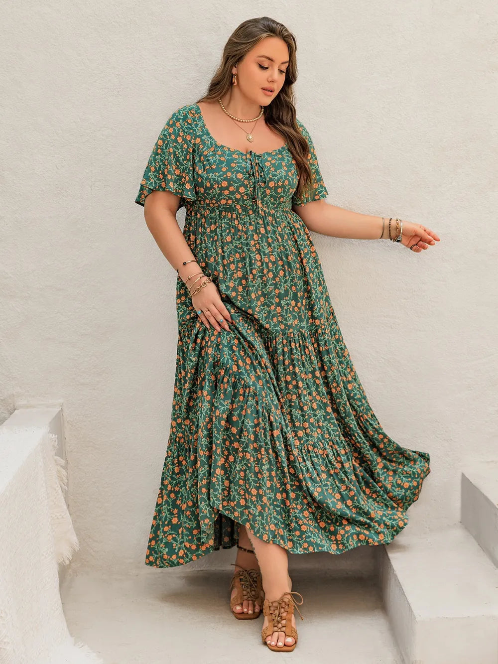 Plus Size Printed Short Sleeve Tiered Maxi Dress - LoveNest Treasures