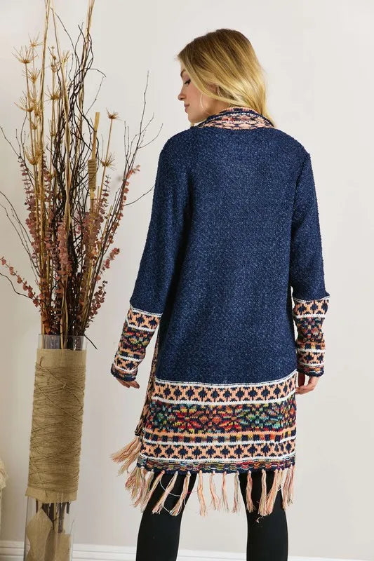 ADORA Full Size Fringe Hem Aztec Border Cardigan Plus Size - LoveNest Treasures