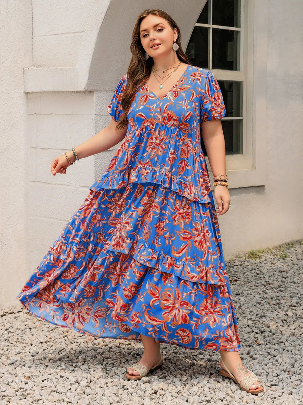Plus Size Ruffled Printed V-Neck Short Sleeve Maxi Dress - LoveNest Treasures
