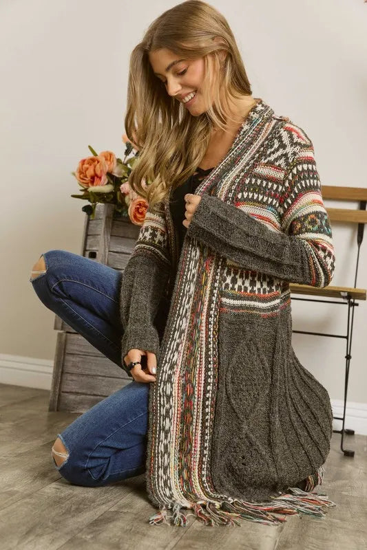 ADORA Full Size Fringe Hem Aztec Cardigan Plus Size - LoveNest Treasures