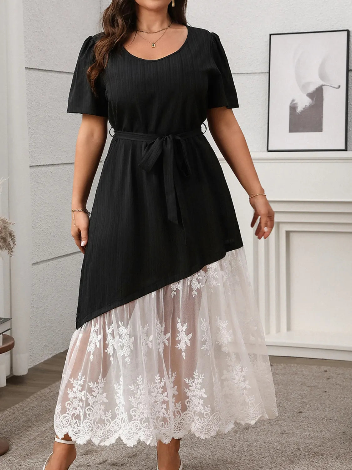 Plus Size Lace Patchwork Short Sleeve Maxi Dress - LoveNest Treasures