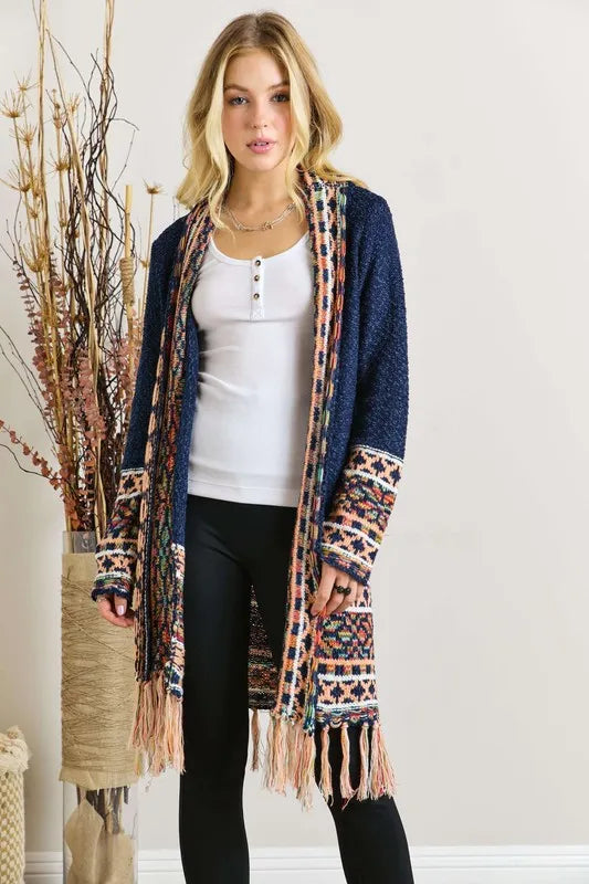 ADORA Full Size Fringe Hem Aztec Border Cardigan Plus Size - LoveNest Treasures