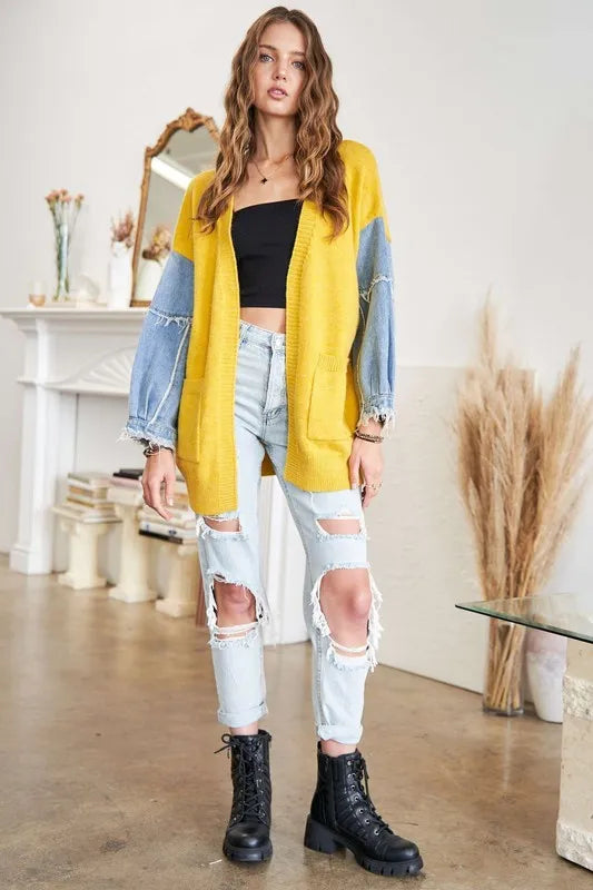 ADORA Full Size Frayed Denim Sleeve Sweater Cardigan Plus Size - LoveNest Treasures