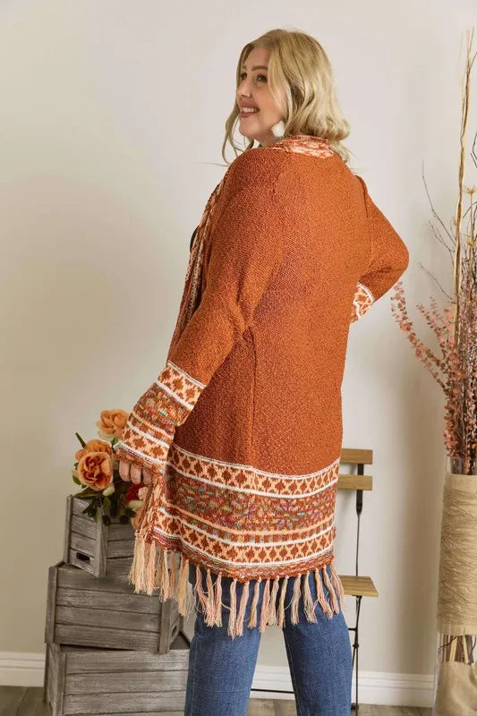 ADORA Full Size Fringe Hem Aztec Border Cardigan Plus Size - LoveNest Treasures