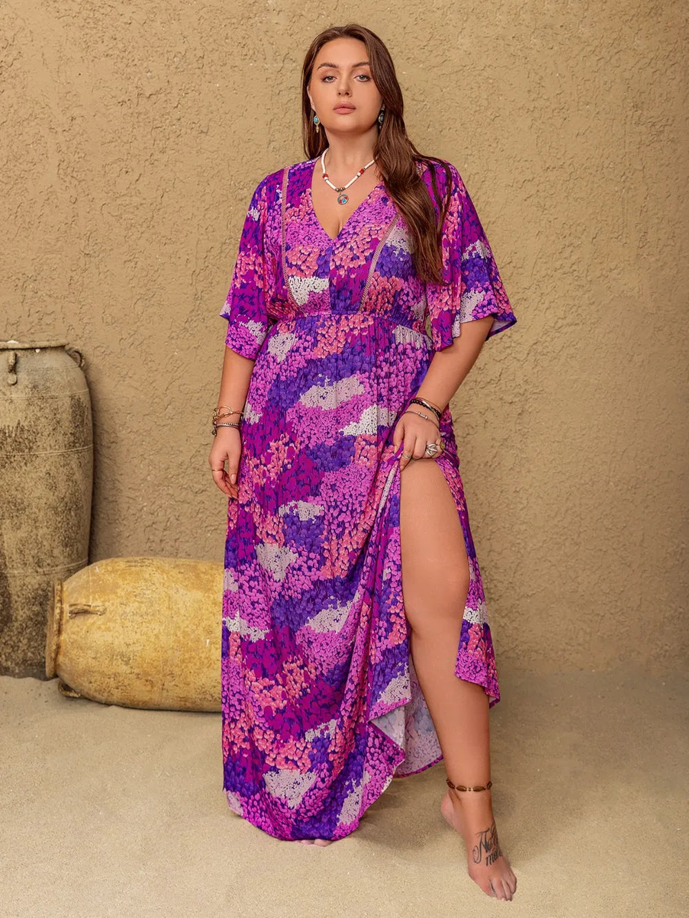 Plus Size Slit Printed Half Sleeve Maxi Dress - LoveNest Treasures
