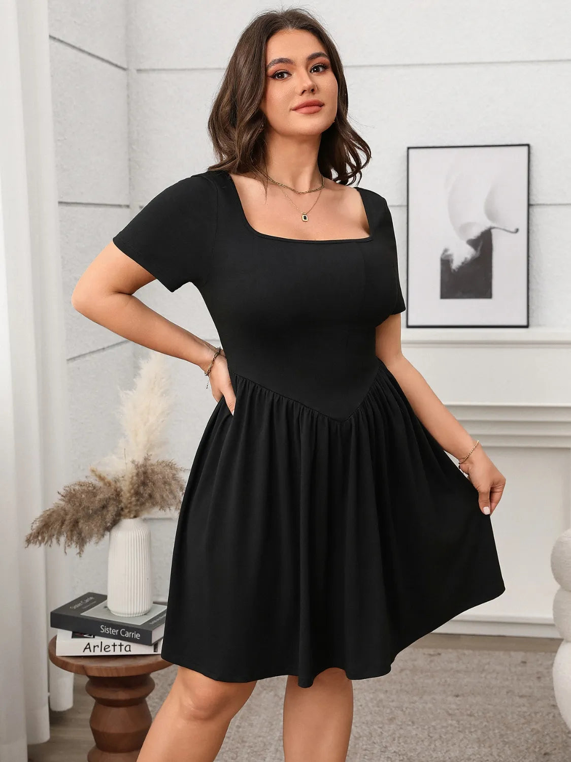 Plus Size Square Neck Short Sleeve Mini Dress - LoveNest Treasures