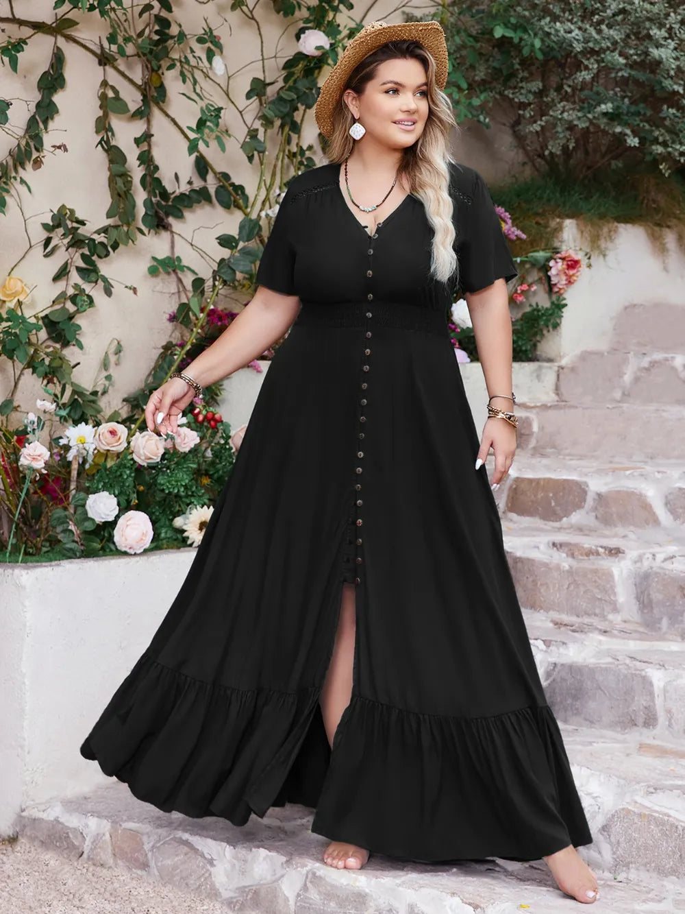 Plus Size Ruffled Hem Button Down V-Neck Short Sleeve Maxi Dress - LoveNest Treasures
