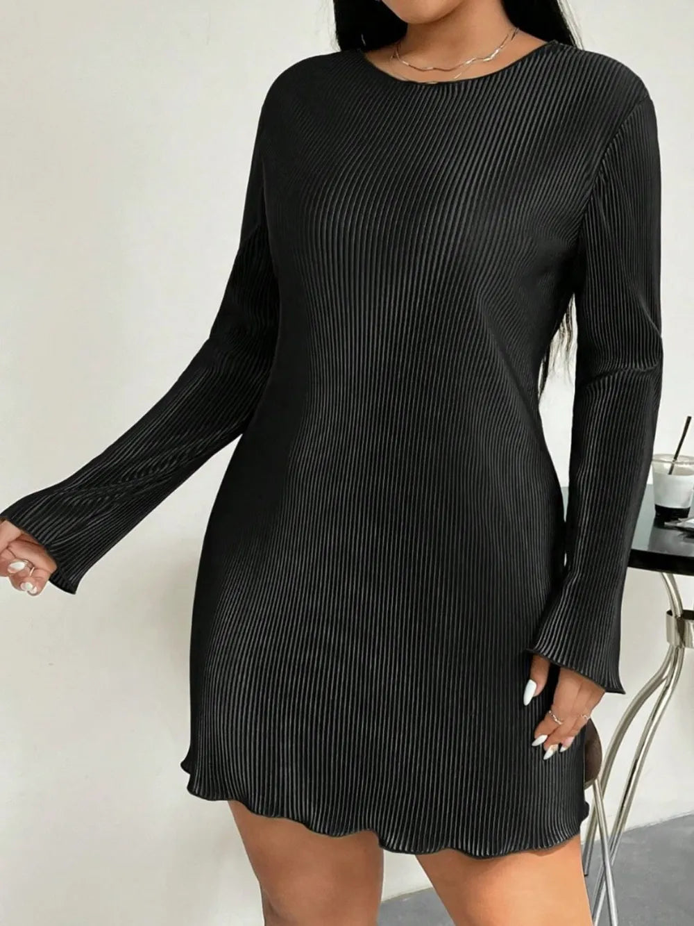 Honey Plus Size Lettuce Hem Round Neck Long Sleeve Dress - LoveNest Treasures