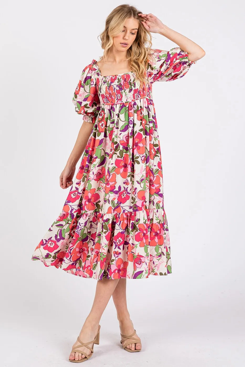 Mittoshop Flower Print Puff Sleeve Ruffle Smocked Midi Dress - LoveNest Treasures