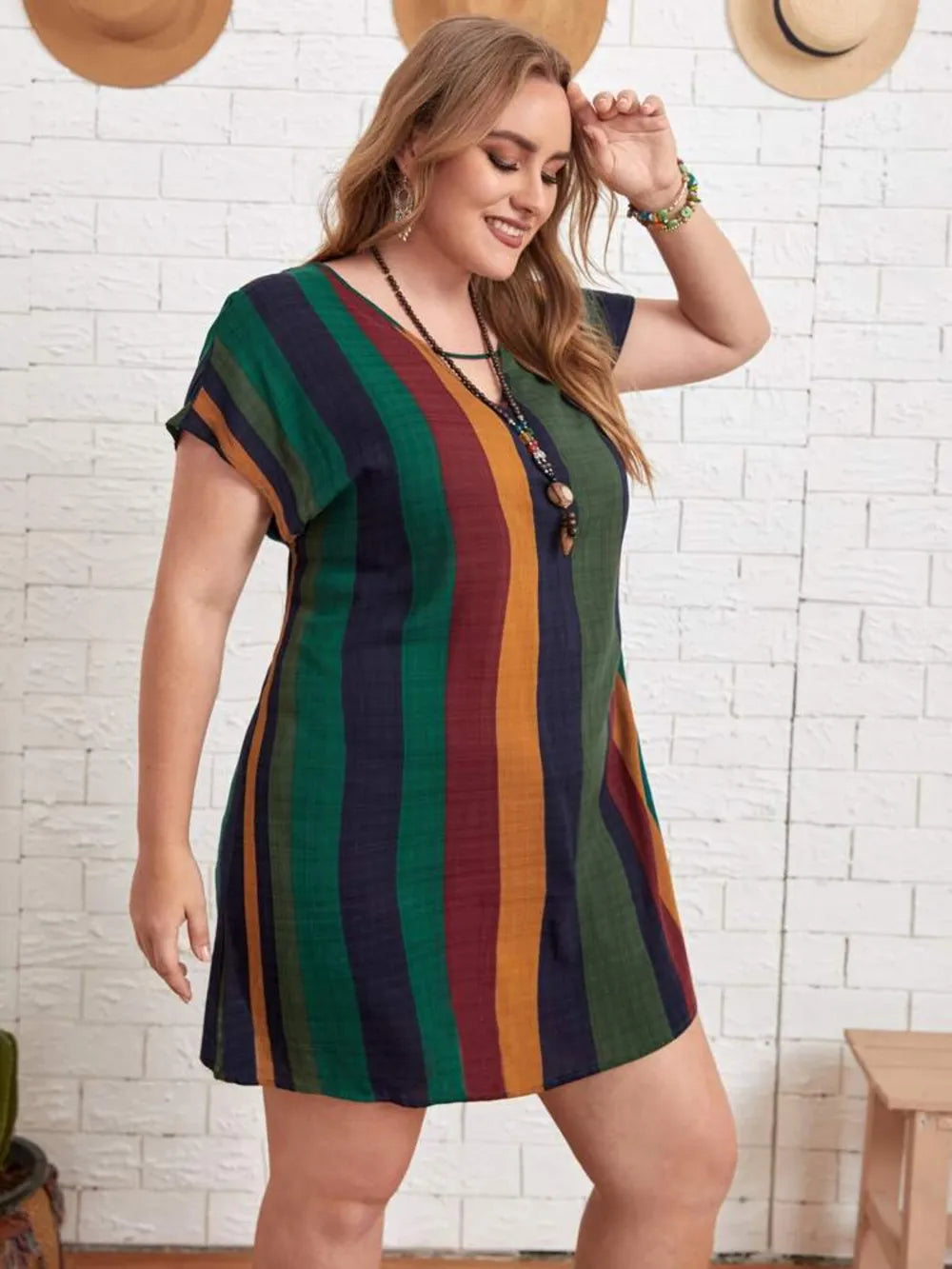 Plus Size Striped Short Sleeve Mini Dress - LoveNest Treasures
