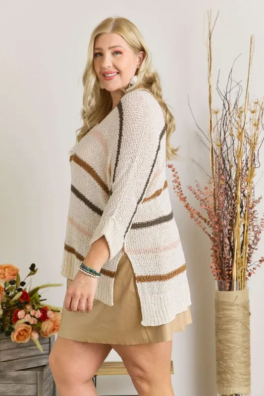 ADORA Full Size Multi Color Strip Sweater Plus Size - LoveNest Treasures