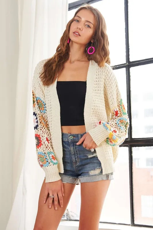 ADORA Full Size Contrast Crochet Open Front Long Sleeve Cardigan - LoveNest Treasures