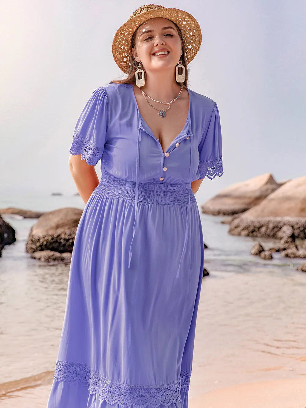 Plus Size Lace Detail Tie Neck Short Sleeve Maxi Dress - LoveNest Treasures