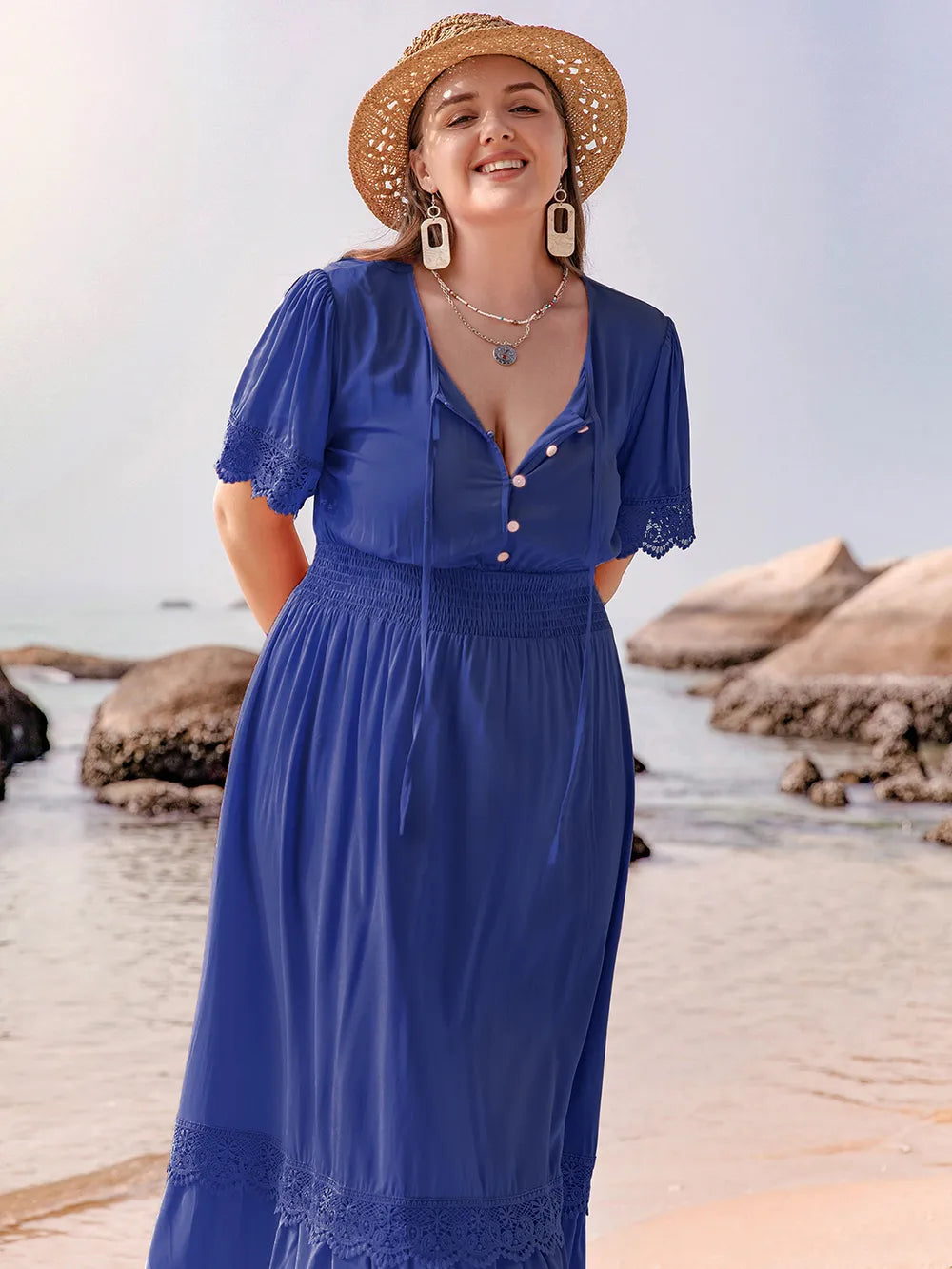 Plus Size Lace Detail Tie Neck Short Sleeve Maxi Dress - LoveNest Treasures