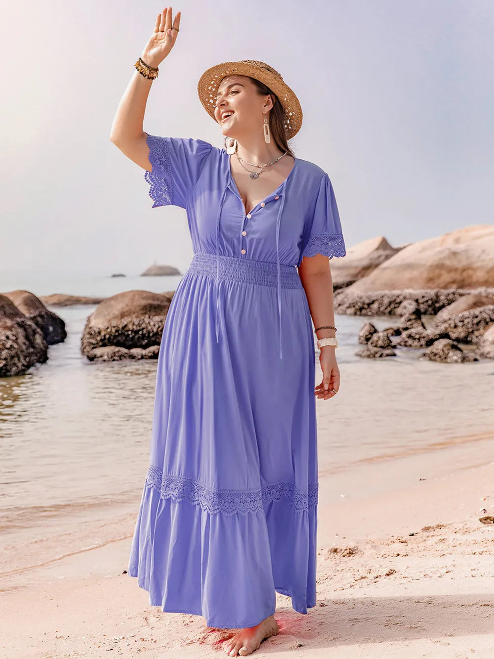 Plus Size Lace Detail Tie Neck Short Sleeve Maxi Dress - LoveNest Treasures