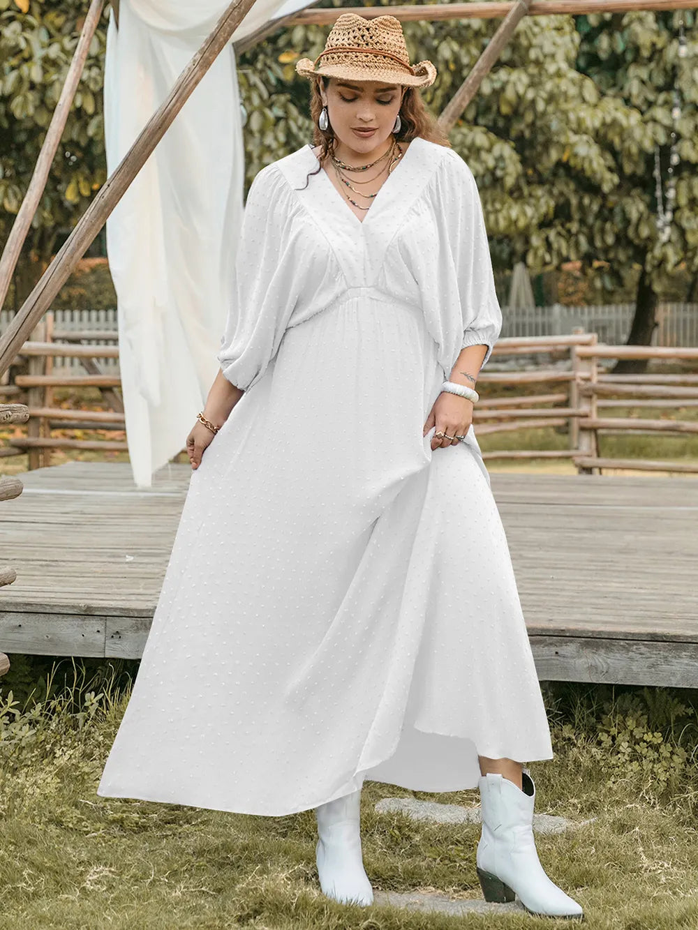 Plus Size Swiss Dot V-Neck Three-Quarter Sleeve Dress - LoveNest Treasures