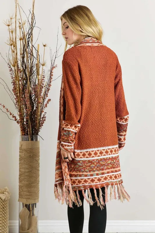 ADORA Full Size Fringe Hem Aztec Border Cardigan Plus Size - LoveNest Treasures