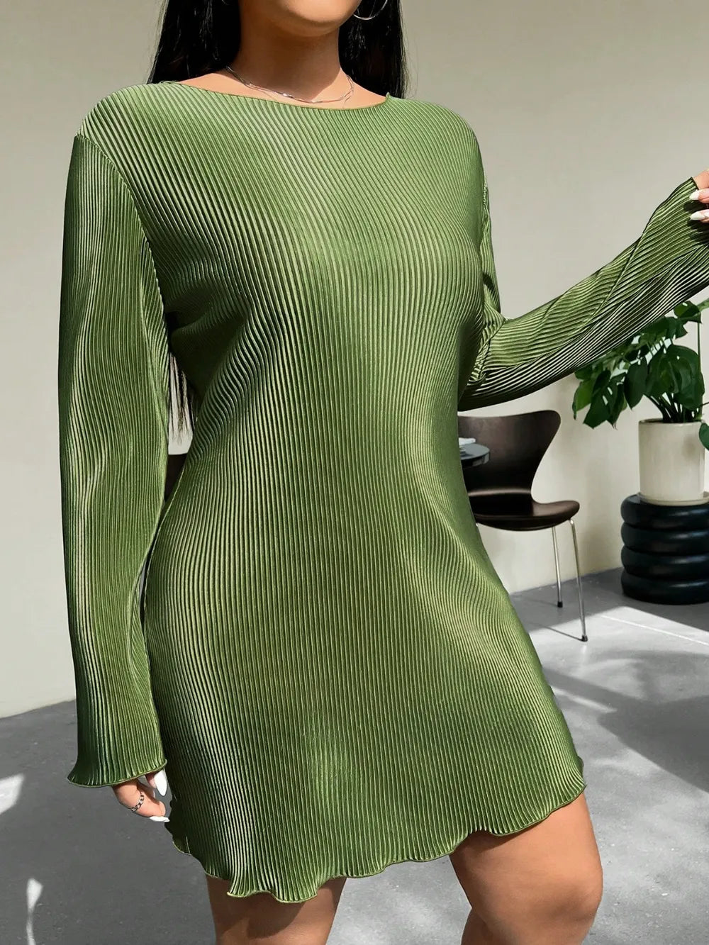 Honey Plus Size Lettuce Hem Round Neck Long Sleeve Dress - LoveNest Treasures