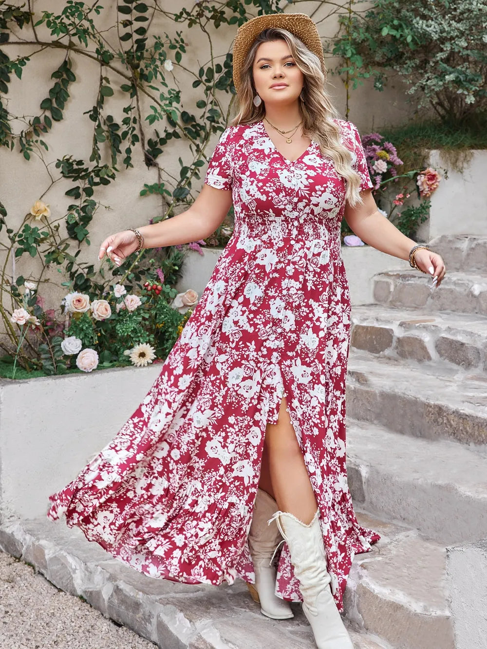 Plus Size Slit Printed V-Neck Maxi Dress - LoveNest Treasures