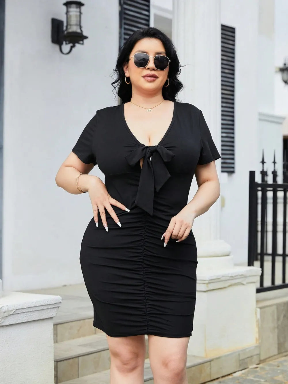 Plus Size Ruched Tied Short Sleeve Mini Dress - LoveNest Treasures