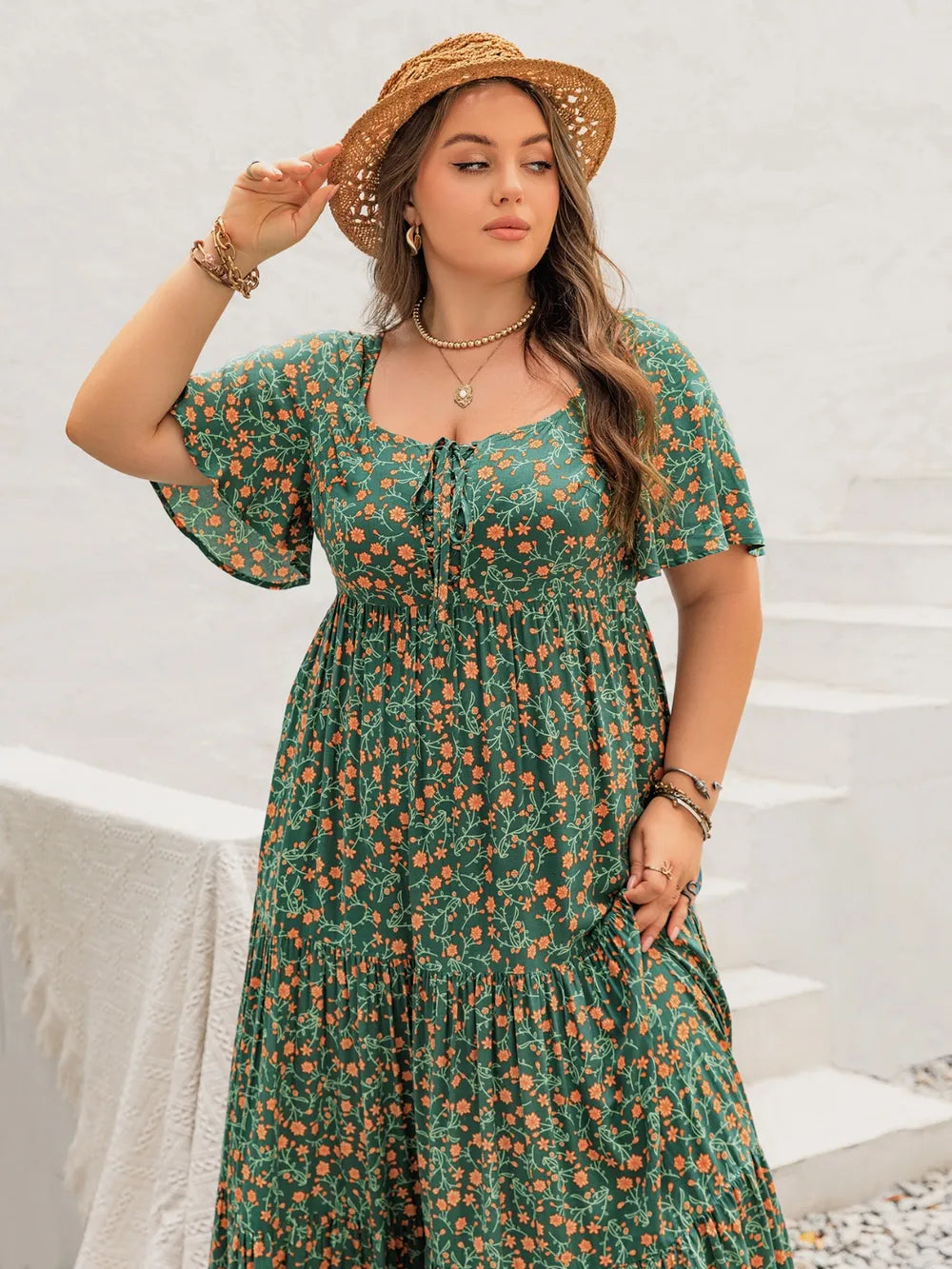Plus Size Printed Short Sleeve Tiered Maxi Dress - LoveNest Treasures