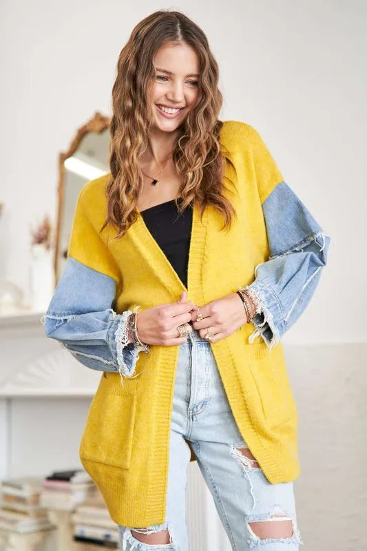 ADORA Full Size Frayed Denim Sleeve Sweater Cardigan Plus Size - LoveNest Treasures