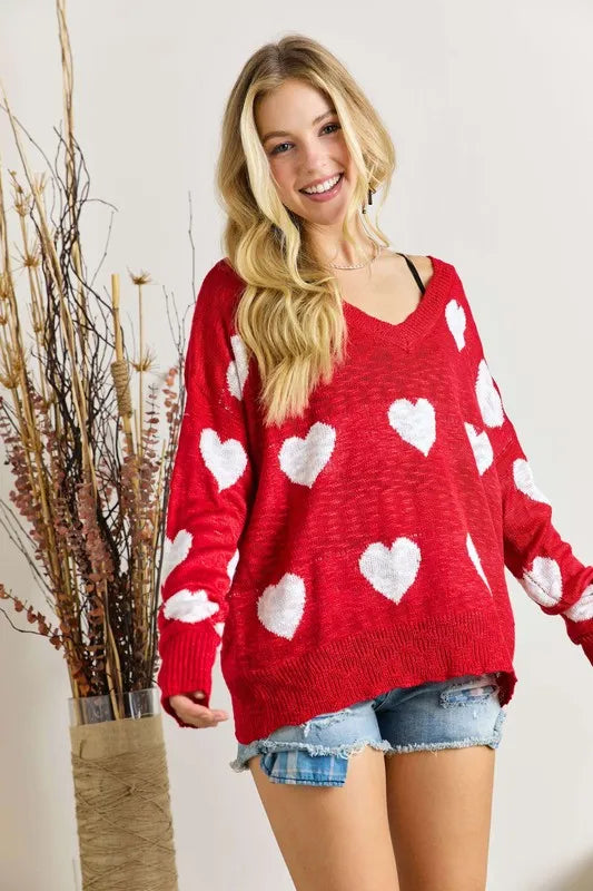 ADORA Full Size Heart V-Neck Knit Top Plus Size - LoveNest Treasures