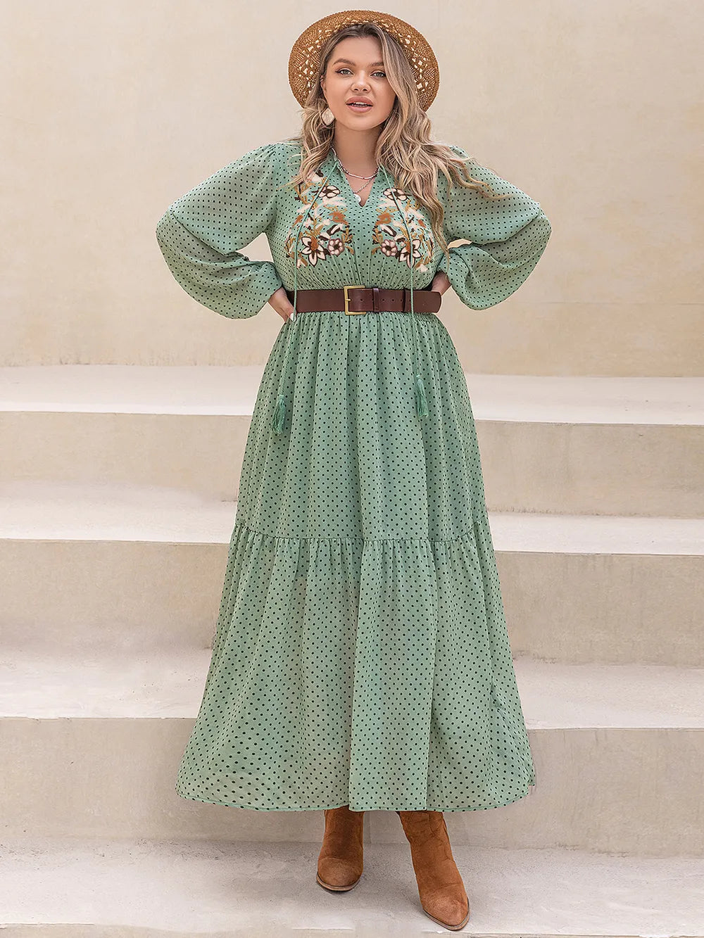 Plus Size Tassel Printed Tie Neck Long Sleeve Midi Dress - LoveNest Treasures