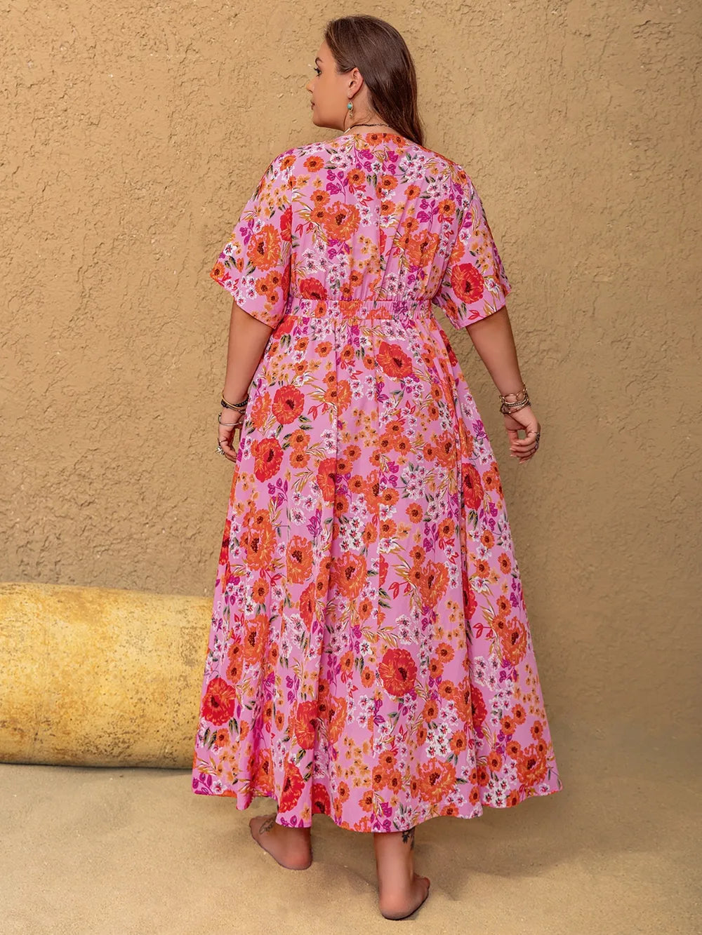 Plus Size Slit Floral V-Neck Half Sleeve Maxi Dress - LoveNest Treasures