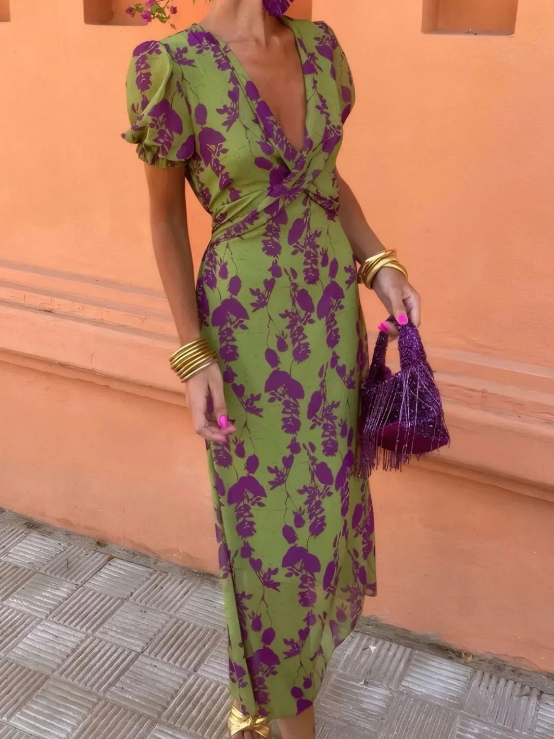 Printed Plunge Short Sleeve Midi Dress - LoveNest Treasures