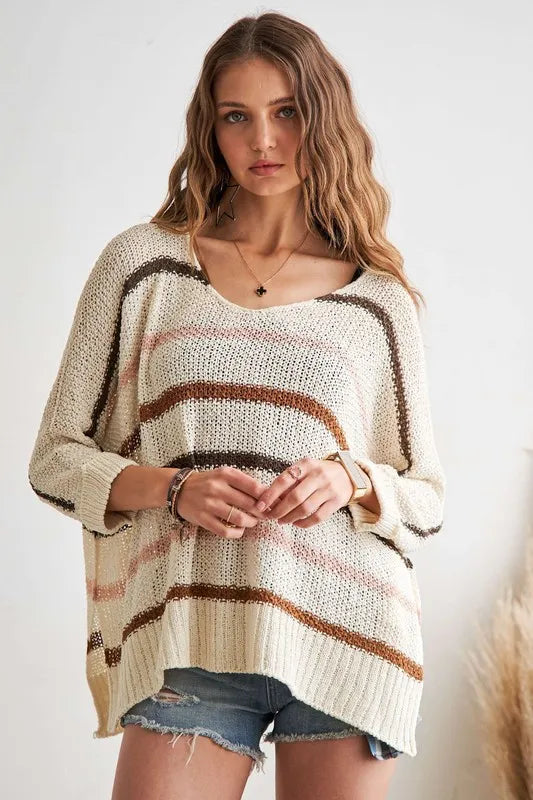 ADORA Full Size Multi Color Strip Sweater Plus Size - LoveNest Treasures