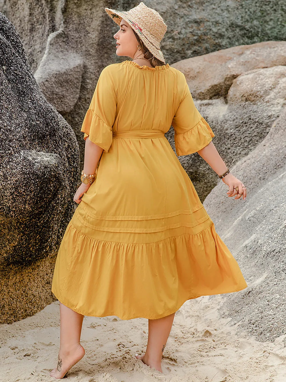 Plus Size Notched Tie Waist Half Sleeve Midi Dress - LoveNest Treasures