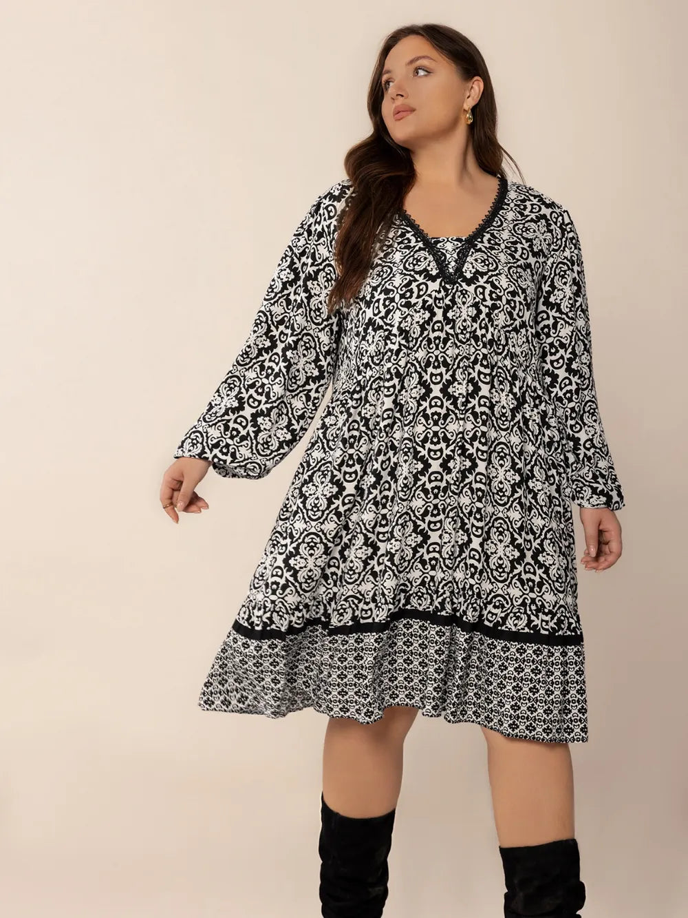 Plus Size Lace Detail Printed Balloon Sleeve Dress - LoveNest Treasures