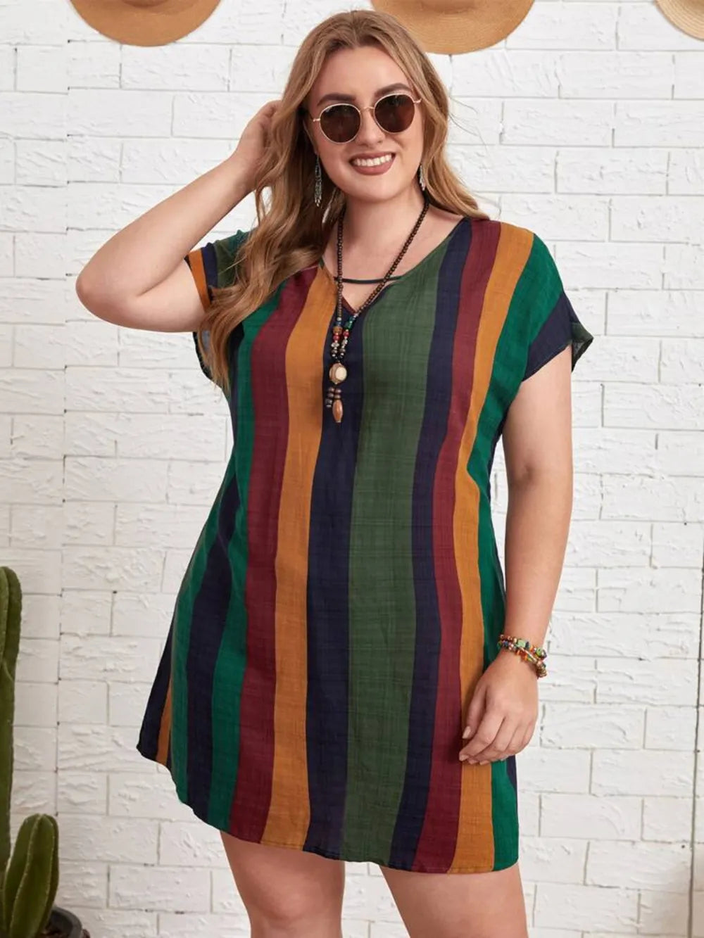 Plus Size Striped Short Sleeve Mini Dress - LoveNest Treasures