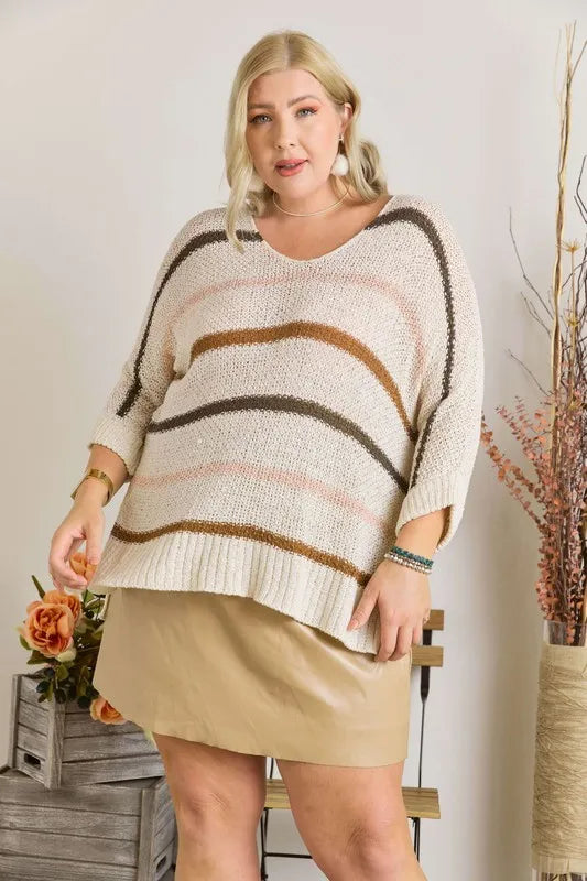 ADORA Full Size Multi Color Strip Sweater Plus Size - LoveNest Treasures