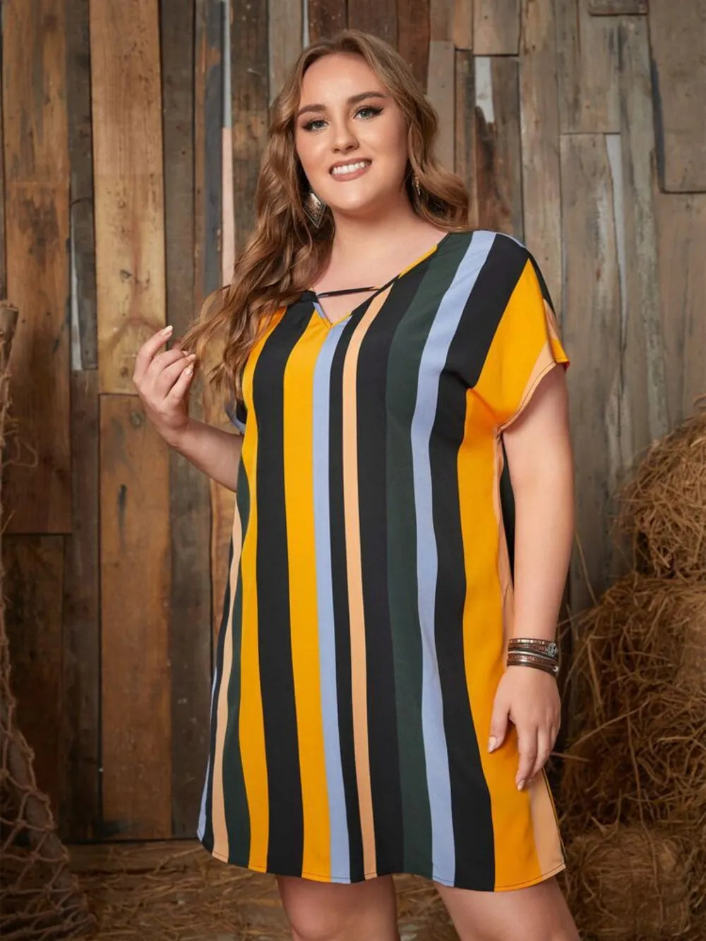 Plus Size Striped Short Sleeve Mini Dress - LoveNest Treasures