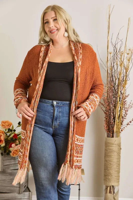 ADORA Full Size Fringe Hem Aztec Border Cardigan Plus Size - LoveNest Treasures