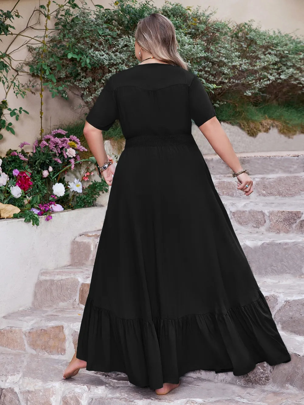 Plus Size Ruffled Hem Button Down V-Neck Short Sleeve Maxi Dress - LoveNest Treasures